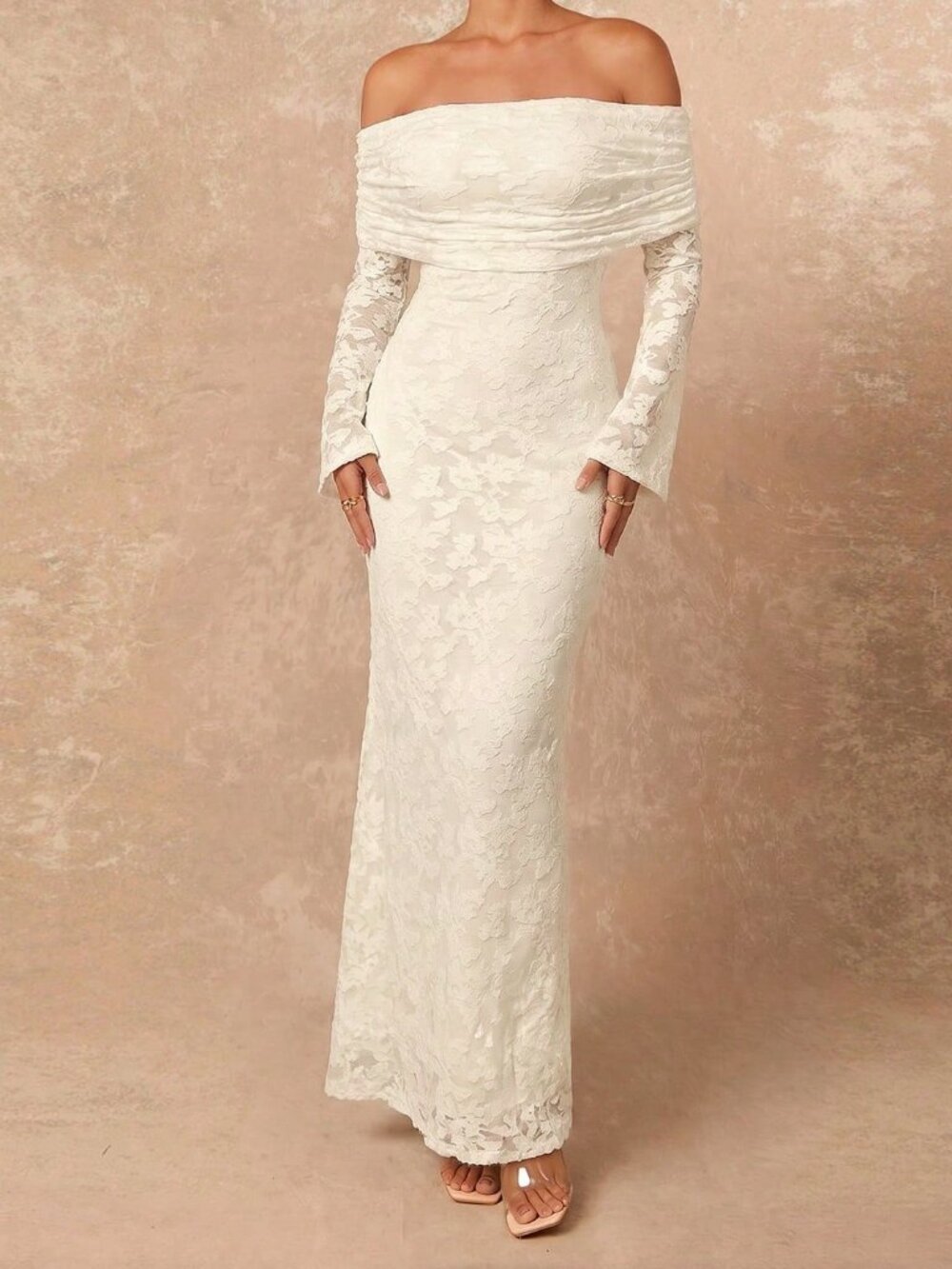 White Elegant Women's Ruched Floral Off-Shoulder Maxi Bodycon Dress